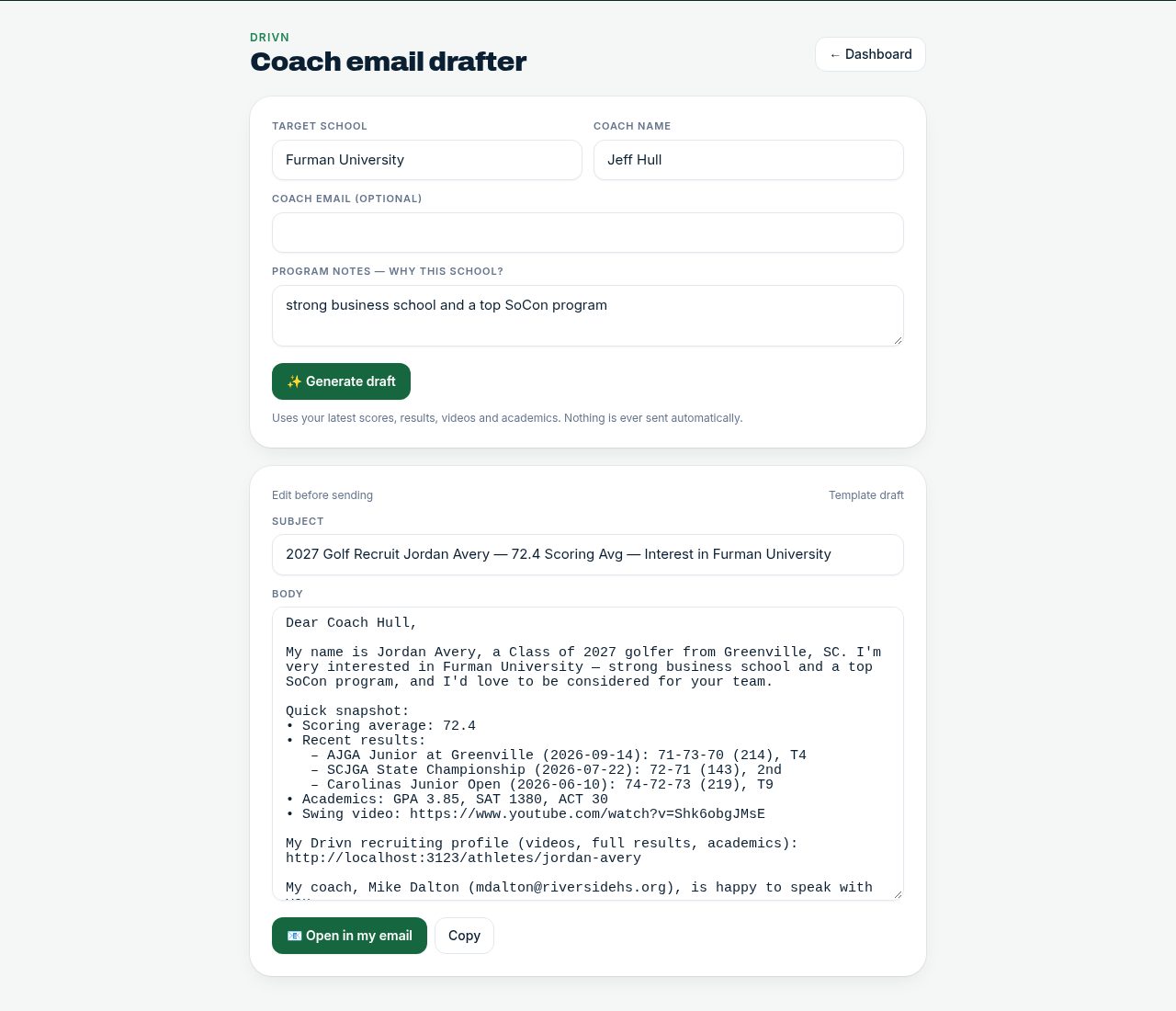 Coach email drafter that prepares a message for the athlete to review and send