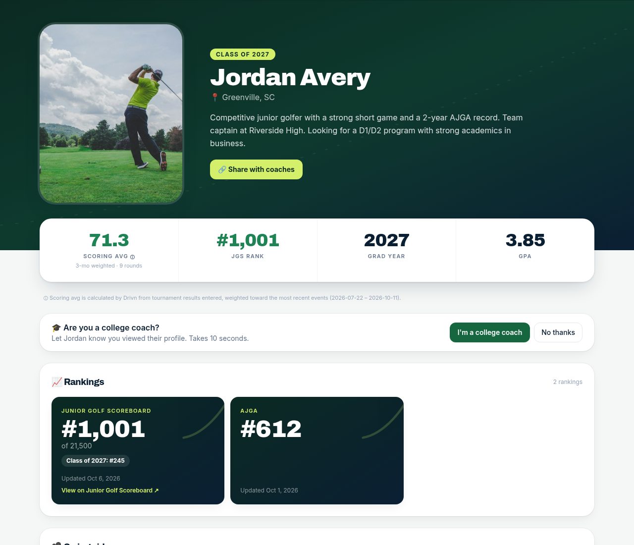 Athlete profile with verified tournament stats